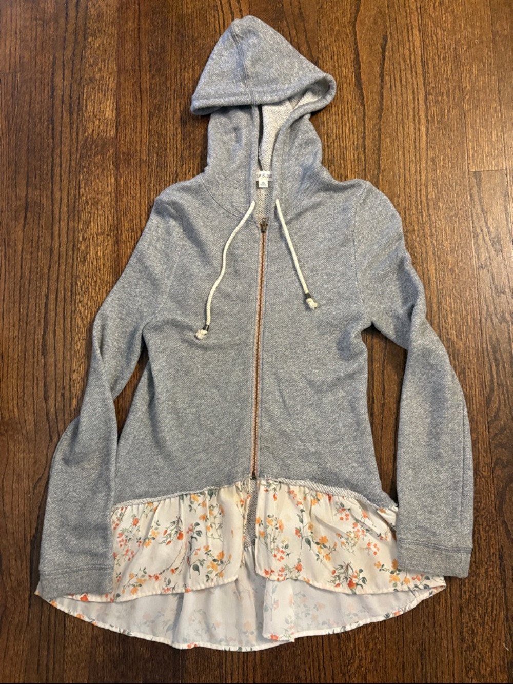 Taylor & Sage Women Light Gray Zip up Hoodie with Floral Hem